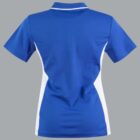 Blue sports shirt with white side panels, viewed from the back, on a gray background.