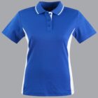 Blue short-sleeve polo shirt with white side panels on a gray background.