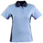 Light blue polo shirt with dark side panels and a three-button collar.