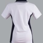 White and black short-sleeve polo shirt, back view.