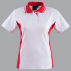 White and red polo shirt with a gray background.