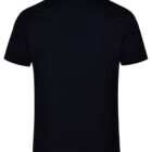 Black collared polo shirt with short sleeves, shown from the back.