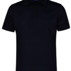 Black polo shirt with a collar and buttons, displayed on a plain white background.