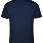 Back view of a navy blue short-sleeve polo shirt on a white background.