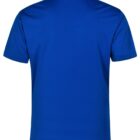 Blue polo shirt, back view, with short sleeves and a collar.