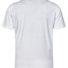 Back view of a plain white polo shirt with short sleeves.