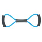 A blue figure-eight resistance band with black handles and a central black grip, used for exercise and strength training.