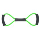 A green resistance band shaped like a figure eight with black handles at each end is shown on a white background.