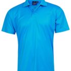 Bright blue polo shirt with short sleeves and a classic collar.