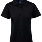 Black polo shirt with a collar and short sleeves on a white background.