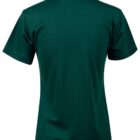Back view of a dark green polo shirt with short sleeves and a collar.