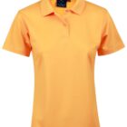 Orange polo shirt with short sleeves and a collar.