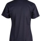 Back view of a plain black polo shirt with short sleeves and a collar.
