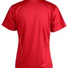 Back view of a plain red collared polo shirt against a white background.