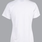 White polo shirt viewed from the back on a gray background.