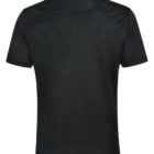 Back view of a plain black short-sleeve polo shirt on a white background.