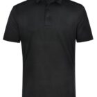 Black polo shirt with short sleeves and a collar.