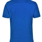 Blue collared short-sleeve polo shirt, back view, on a white background.