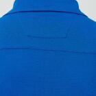 Back view of a blue textured shirt with a collar.