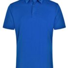 Blue polo shirt with a collar and short sleeves.