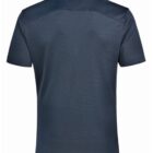Back view of a dark blue, short-sleeved polo shirt with a collar.