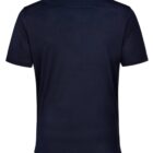 Back view of a plain black polo shirt with short sleeves and a collar.