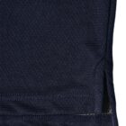 Close-up of navy blue fabric with stitching and a small side slit.
