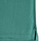 Close-up of a textured green garment with a small side slit and hem detail.