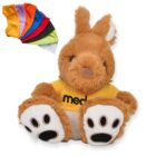 A plush kangaroo toy wearing a yellow shirt with the text med and featuring large white paws with black pads. Displayed beside it are six colorful cloth pieces: orange, blue, red, black, white, and purple.