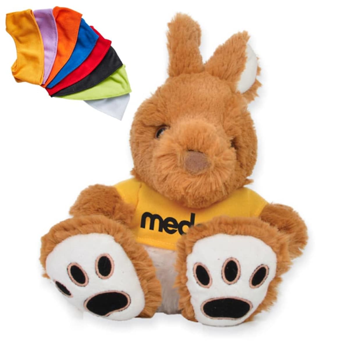 A plush kangaroo toy wearing a yellow shirt with the text med and featuring large white paws with black pads. Displayed beside it are six colorful cloth pieces: orange, blue, red, black, white, and purple.