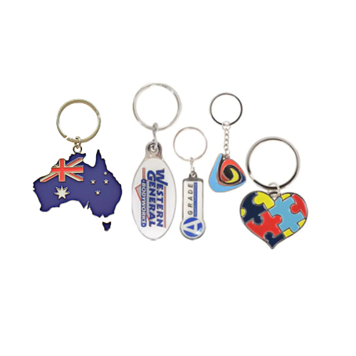 Explore our Buch Custom Shaped Embossed Soft Enamel Keyrings collection, featuring five unique designs: Australia-shaped with its flag, a silver Western General, a Pepsi Grade, a colorful swirl, and a puzzle-pattern heart.