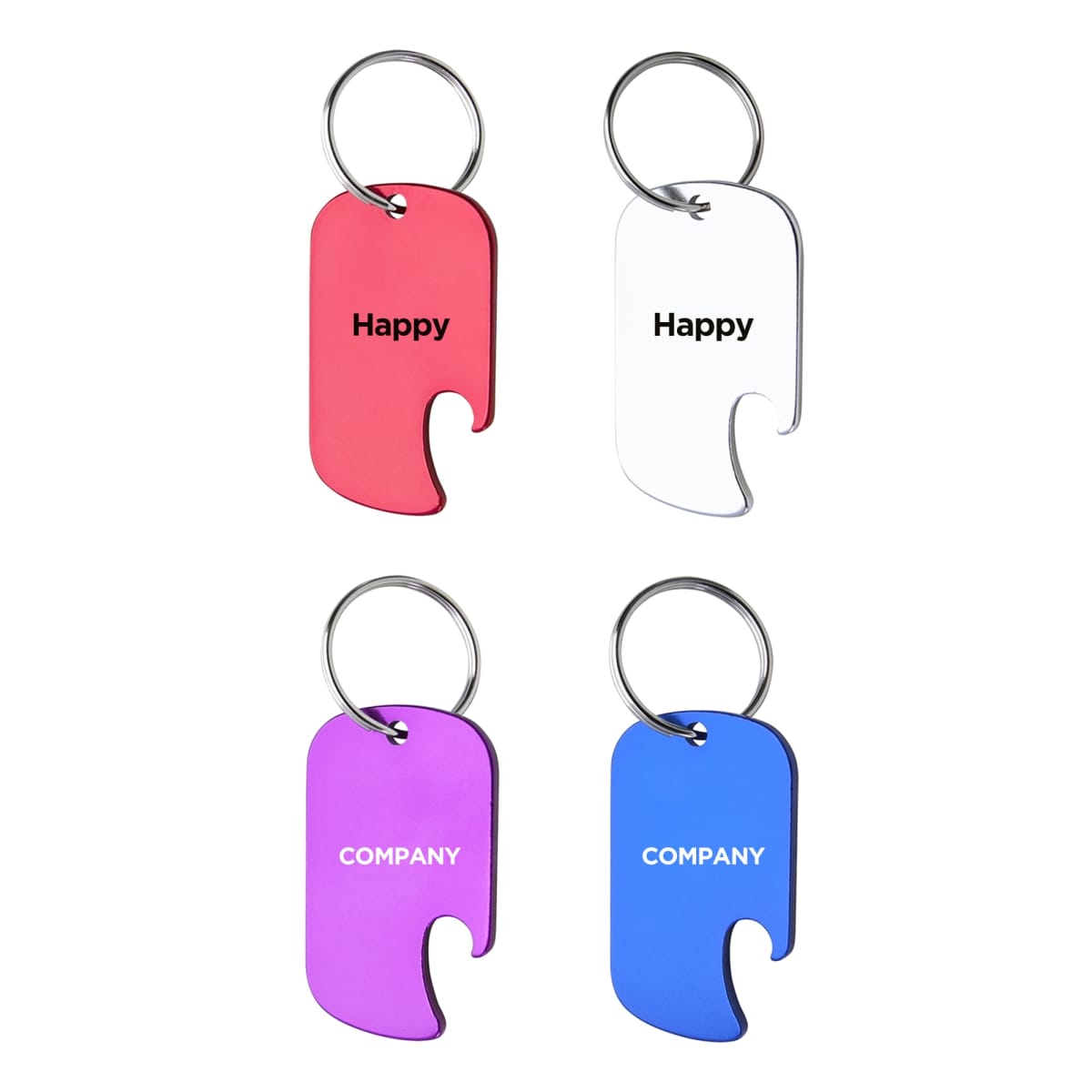 Four keychain bottle openers in red, white, purple, and blue. The red and white ones have Happy written on them, while the purple and blue ones say Company. Each has a silver keyring attached.