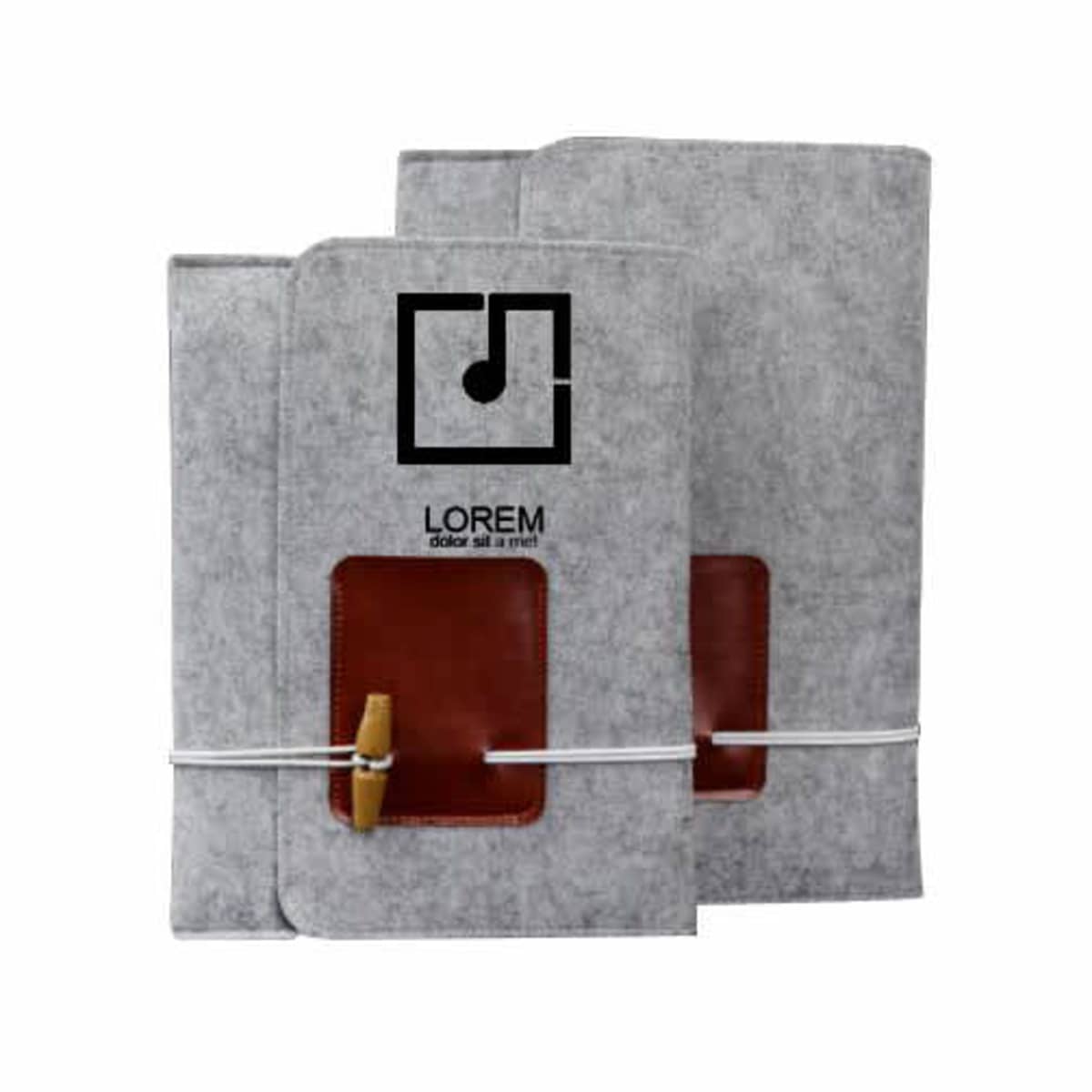 Two gray fabric notebooks with a rectangular brown leather accent and a button closure. The notebooks feature a black logo and placeholder text Lorem on the front cover. They are held together by a white string.