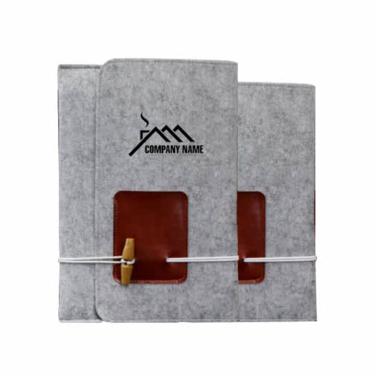 Two gray notebooks with a mountain logo and the words Company Name on the cover. Each notebook has a brown leather accent and is secured with a white elastic band featuring a small wooden clasp.