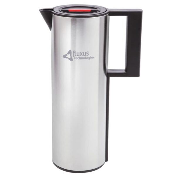 A stainless steel thermal carafe with a black handle and lid, bearing the Fluxus Technologies logo on its side.