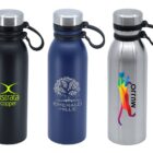Three reusable water bottles with secure lids are shown. The left bottle is black with Xstrata Copper in green. The middle bottle is blue featuring Emerald Hills with a tree design. The right bottle is silver with a colorful graphic and black text.