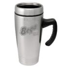 A stainless steel travel mug with a black handle and lid. The mug features the text Bega Since 1899 on its side.