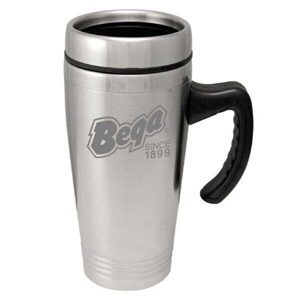 A stainless steel travel mug with a black handle. The logo Bega and the text Since 1899 are printed on the front.