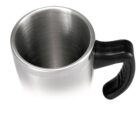 A stainless steel mug with a black plastic handle. The mug has a smooth, shiny finish and no visible contents inside. The handle is ergonomically shaped, indicating ease of grip.
