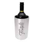 A wine bottle in a sleek, silver metal wine cooler with the word Fratelli written on it in elegant script. The cooler has a smooth, shiny surface and the bottle is partially visible inside.
