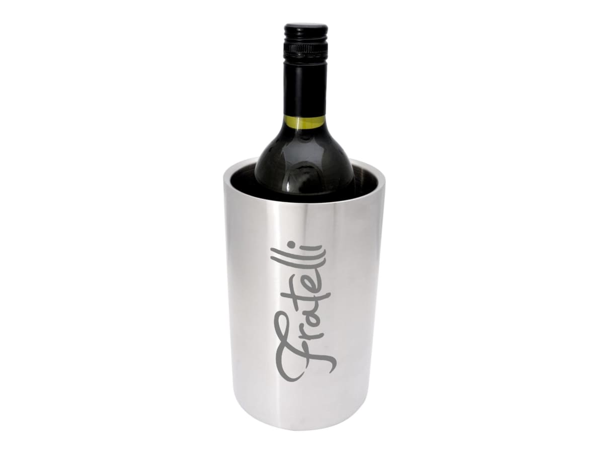 A wine bottle in a sleek, silver metal wine cooler with the word Fratelli written on it in elegant script. The cooler has a smooth, shiny surface and the bottle is partially visible inside.