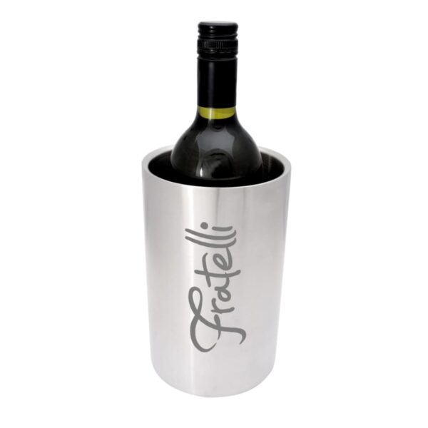 A stainless steel wine chiller with the word Fratelli written on it, holding a dark green wine bottle with a black cap.