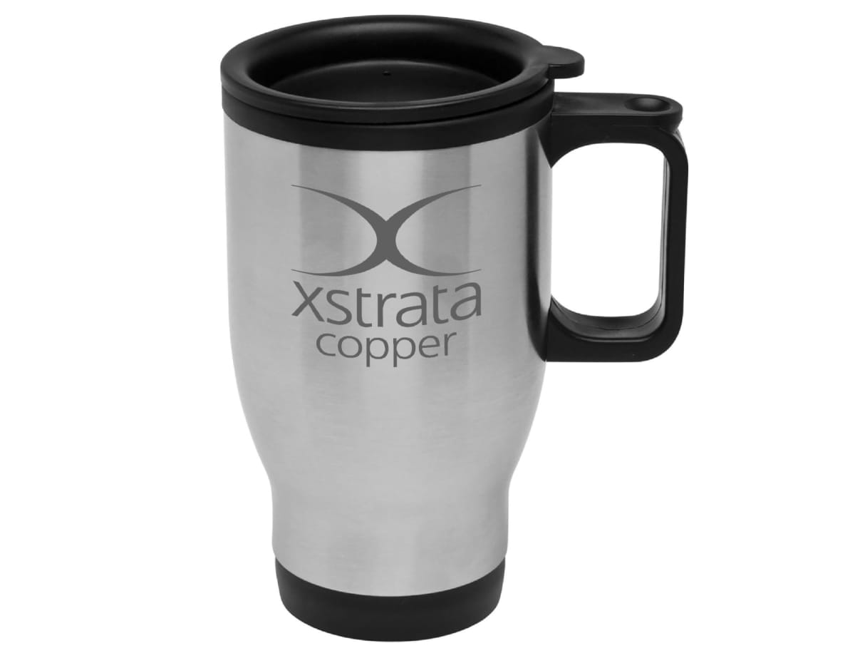 A stainless steel travel mug with a black lid and handle, featuring the xstrata copper logo printed on its side.