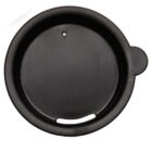 A black plastic coffee cup lid with a small sipping hole and a tiny air hole on opposite sides. It has a raised rim for secure attachment to a cup.