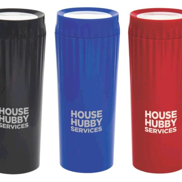 Three travel mugs with ridged sides and lids are shown. They are colored black, blue, and red and have the text HOUSE HUBBY SERVICES printed on each.