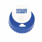 A round, blue and white bottle cap opener with HOUSE HUBBY printed in blue lettering on the white part. The opener has a ridged edge and a small hole for hanging.