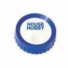 A blue and white bottle cap with the text HOUSE HUBBY written on it. The cap is round with a ridged edge and a small circular indentation in the center.