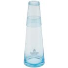 A transparent blue carafe with an inverted glass on top. The base has the text Campfire Industries with a flame icon.