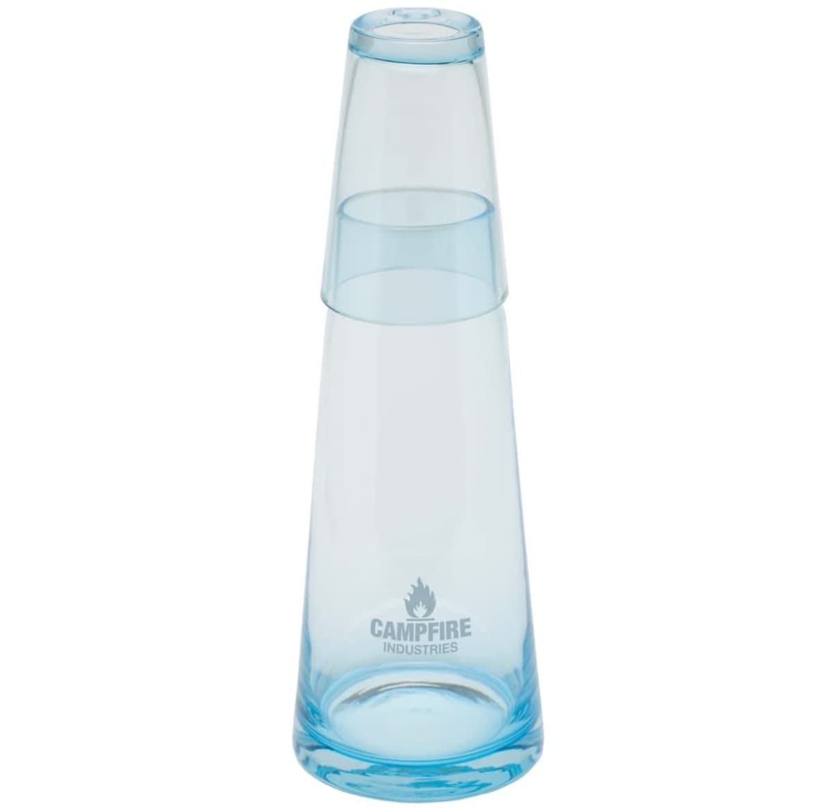 A transparent blue carafe with an inverted glass on top. The base has the text Campfire Industries with a flame icon.
