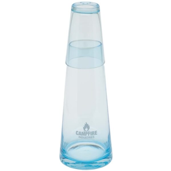 A transparent blue glass carafe with an inverted glass cap on top, featuring the Campfire Industries logo at the base.